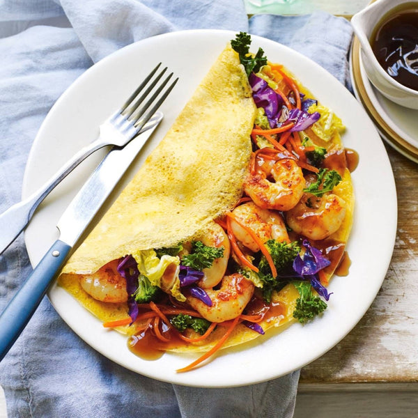 Laksa style Prawn Omelet with stir-fried veggies