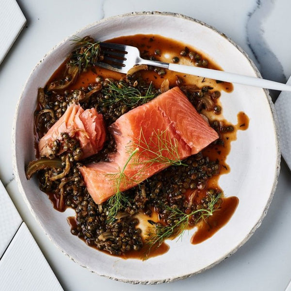 Roasted Salmon with braised French Lentils
