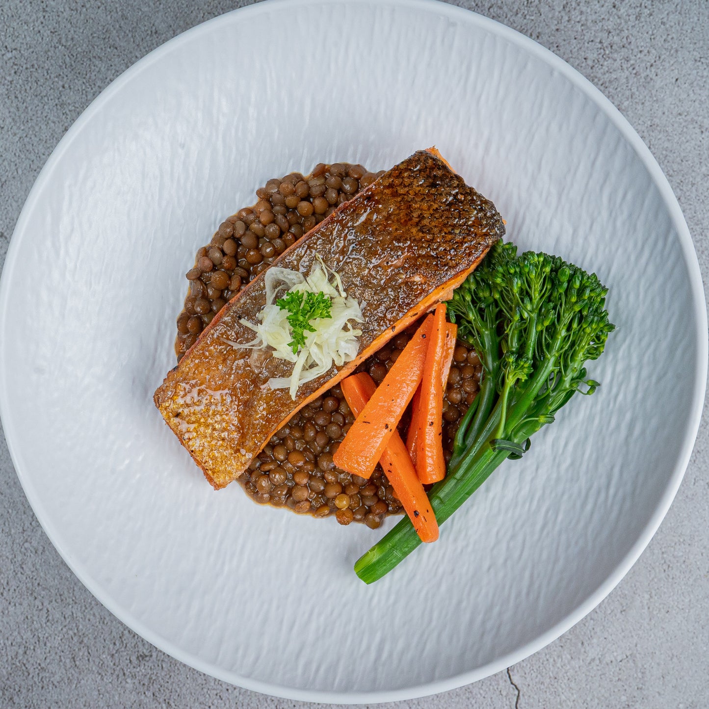 Roasted Salmon with braised French Lentils(S)