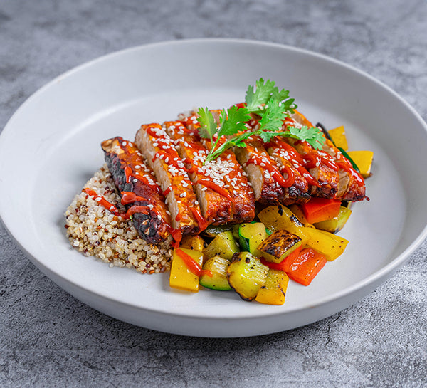 Spicy Tempeh with Roasted Vegetables and Tomato Mixed Quinoa