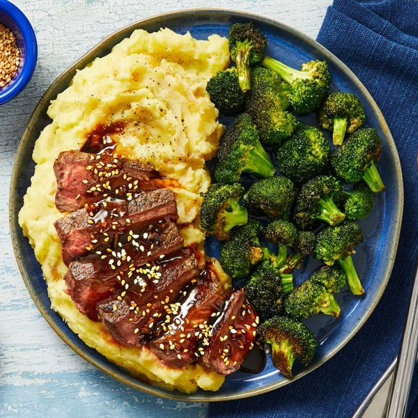 Teriyaki Beef Loin Steak with Miso Mash & Garlic  Broccoli
