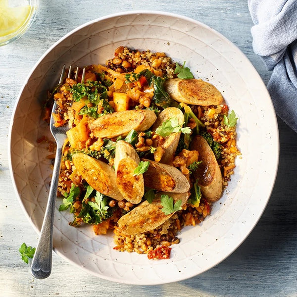 Meat-less Sausages with Quinoa & Veggies