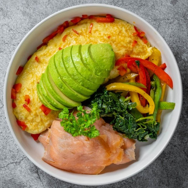 Spinach Omelet topped with Smoked Salmon & Fresh Avocado