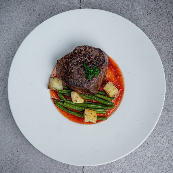 Beef Loin Steak with Roasted Beans and Garlic Potato