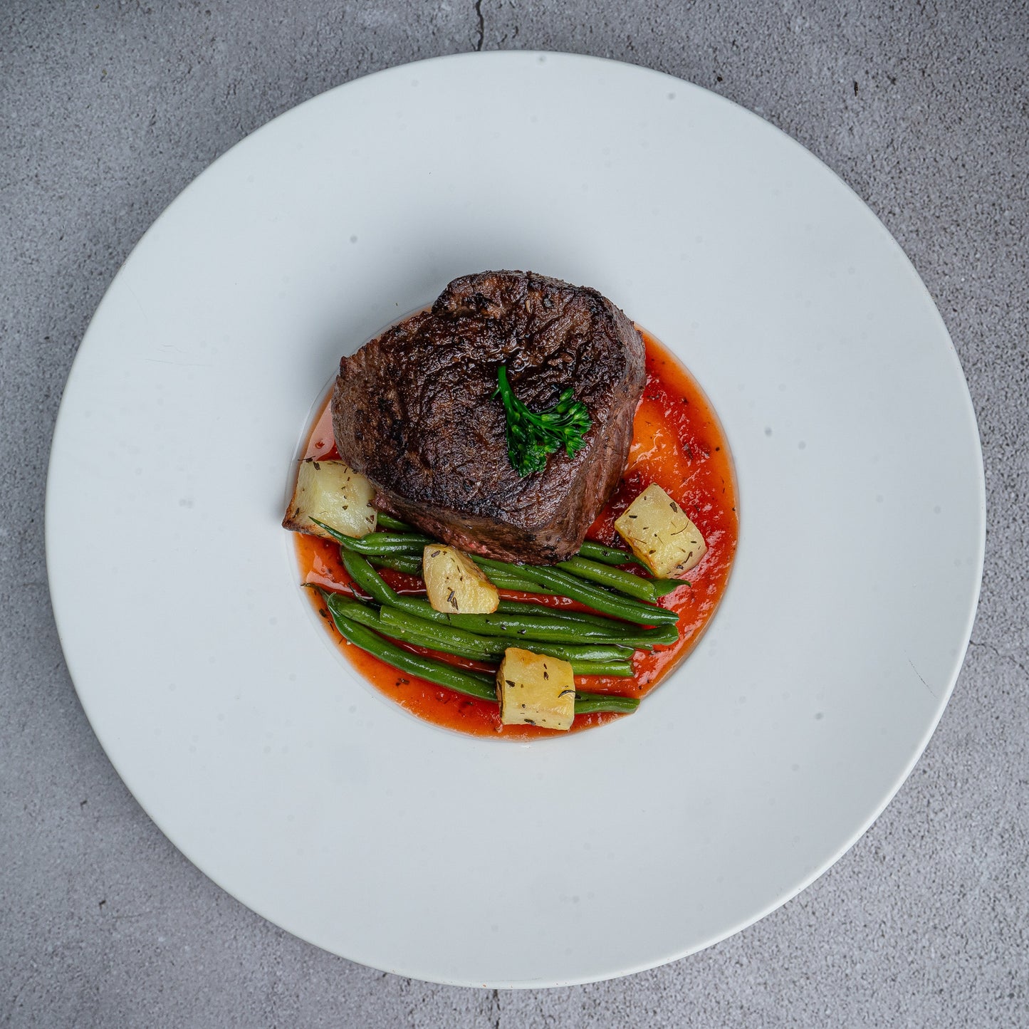 Beef Loin Steak with Roasted Beans and Garlic Potato(S)