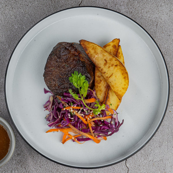 Beef Steak with Truffle Wedges and Asian Slaw
