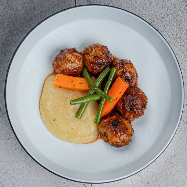 Bourguignon-Style Beef Meatballs with Cauli-potato Mash 