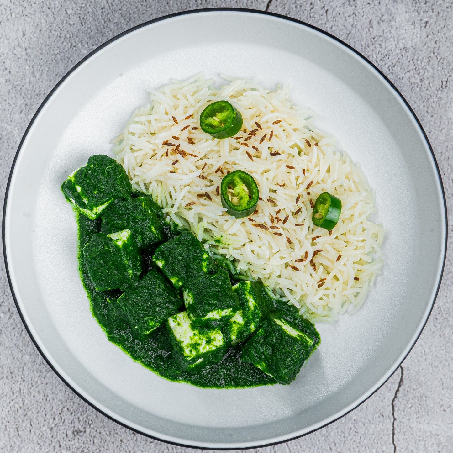 Cottage Cheese Spinach with Cumin Pulao(P)