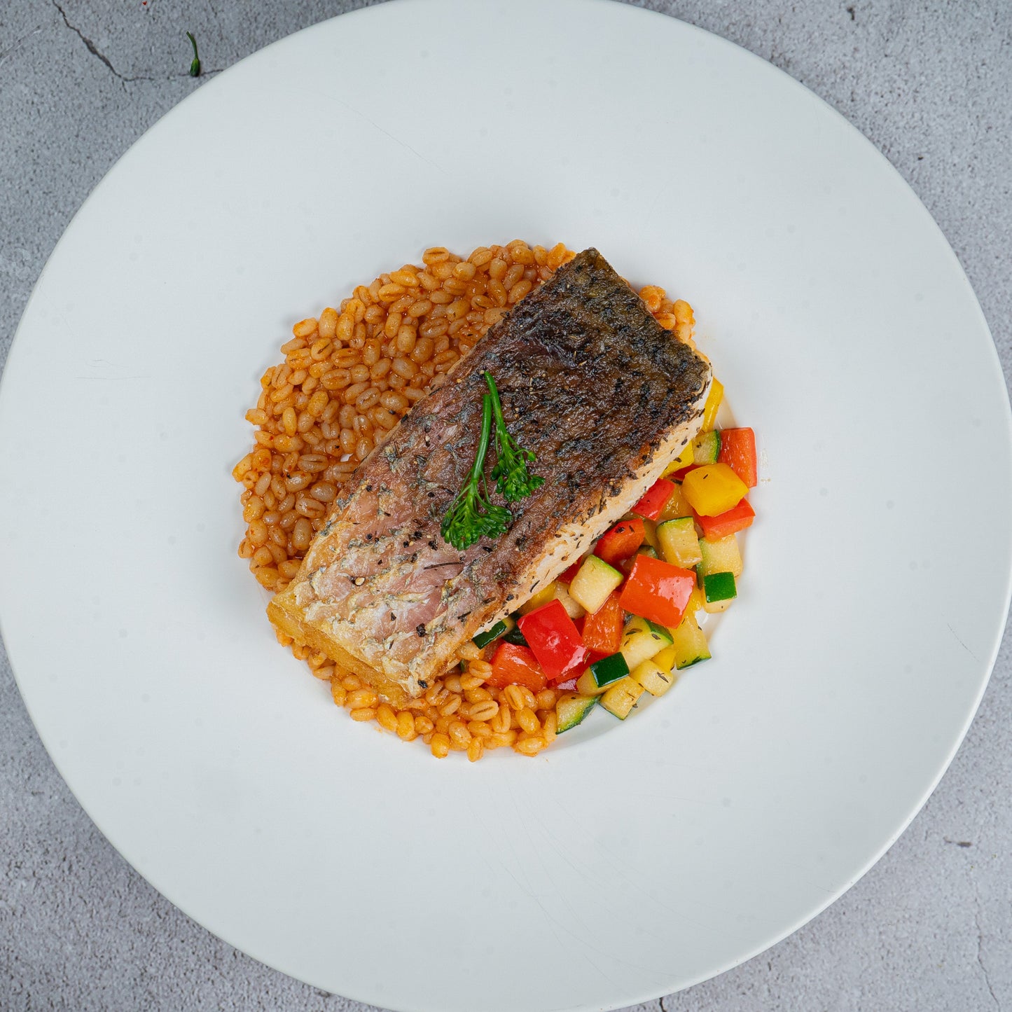 Crispy Barramundi Fillet with Tomato Barley Risotto(B)