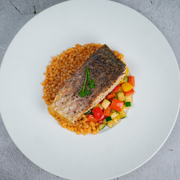 Crispy Barramundi Fillet with Tomato Barley Risotto