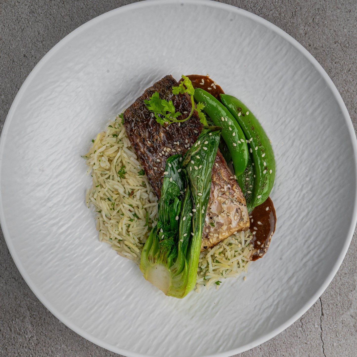 Crispy Seabass with Charred Green & Asian Sticky Sauce (S)