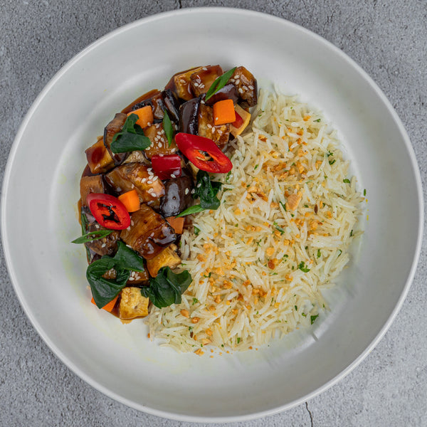 Eggplant Adobo with Peanut Rice