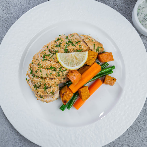 Herb Crusted Chicken with baked Sweet Potato Wedges