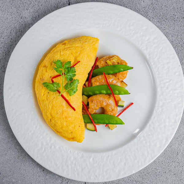 Laksa style Prawn Omelet with stir-fried veggies