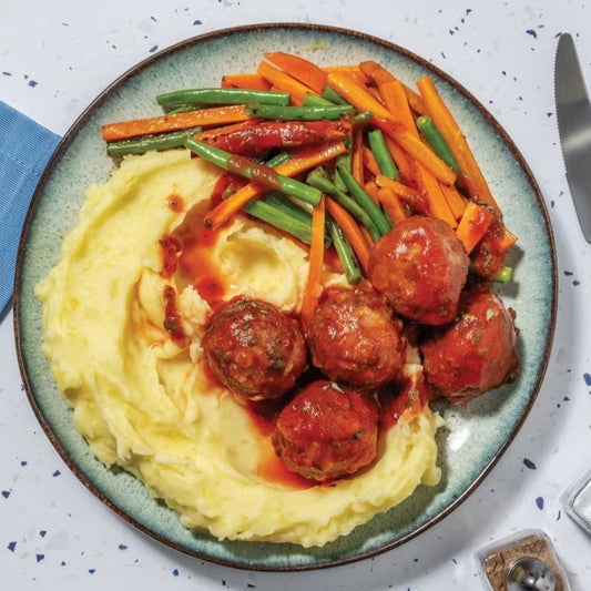 Bourguignon-Style Meat-less balls with Cauli-potato Mash (P)