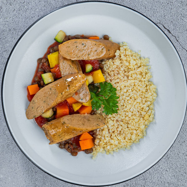 Meat-less Sausages with Quinoa & Veggies 