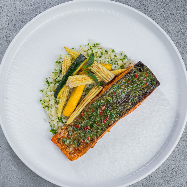 Pan seared Salmon with Pesto Cauliflower Rice