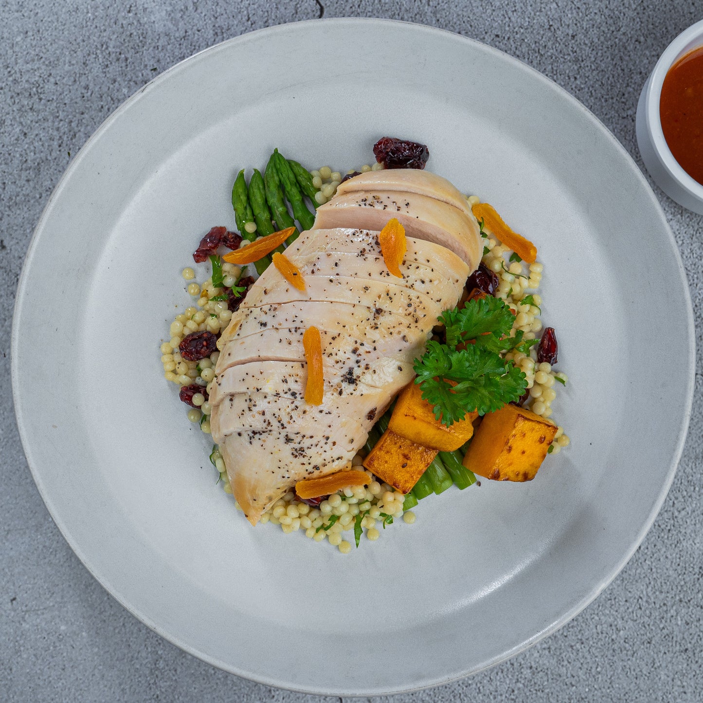 Poulet Roti with Apricot Cranberry sauce & Baked Veggies(S)