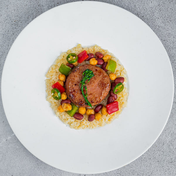 Quorn Patty with Spiced Legumes and Rice Pilaf