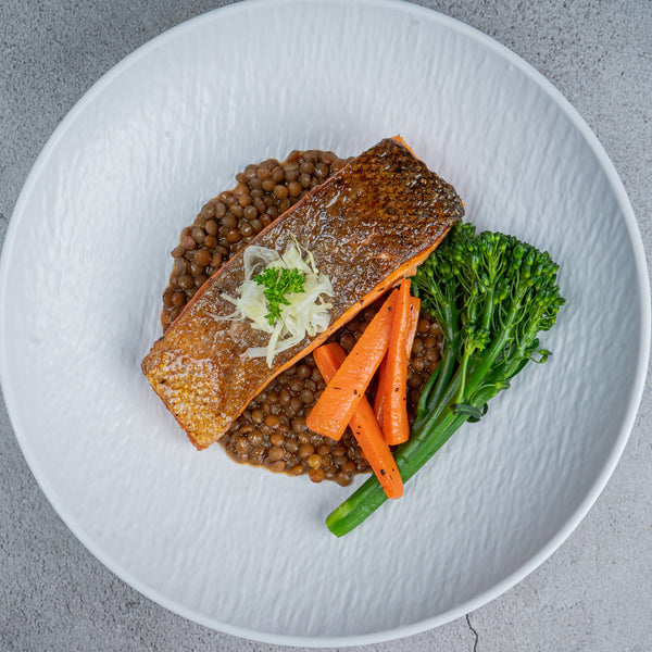 Roasted Salmon with braised French Lentils