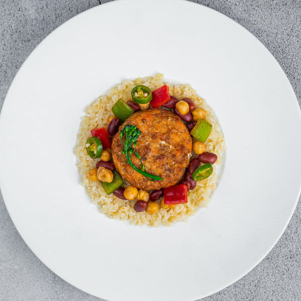 Salmon Patty with Spiced Legumes and Rice Pilaf