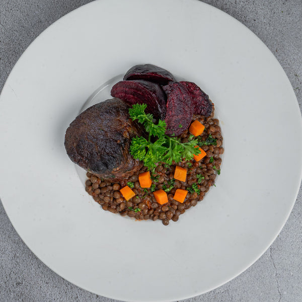 Steak with Charred Beetroot & Braised Lentils