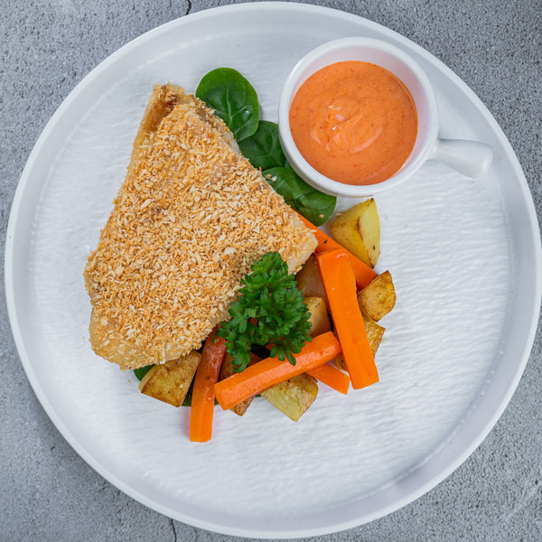 Turkish Crumbed Fish with Roasties & Harissa Aioli