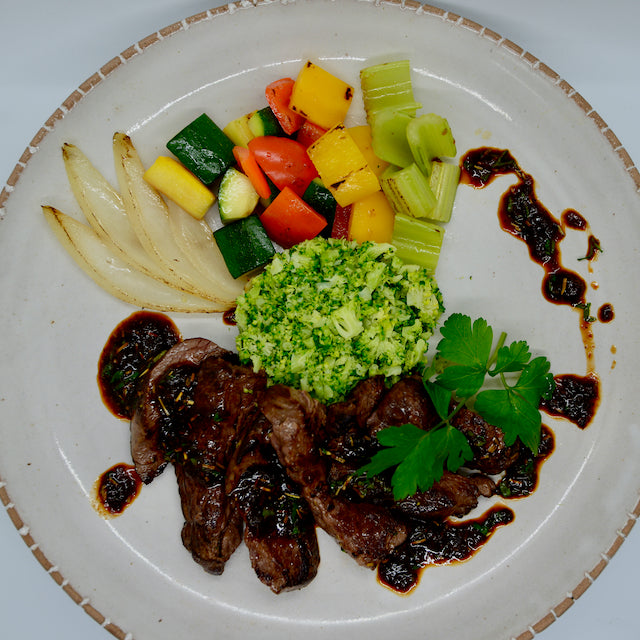 Pan seared Beef with Broccoli Rice & Roasted Veggies (B)