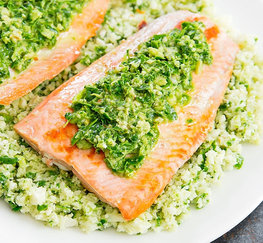 Pan seared Salmon with Pesto Cauliflower Rice(S)