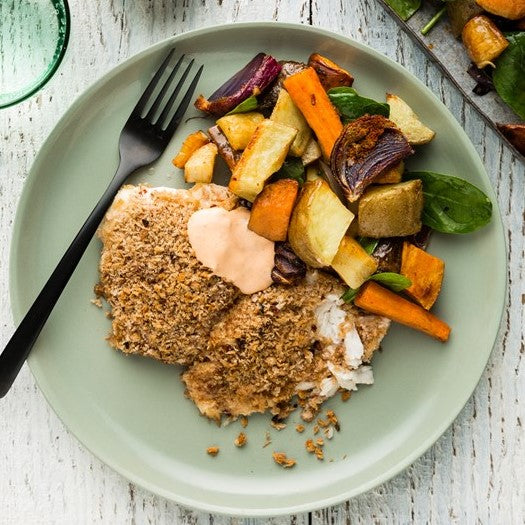 Turkish Crumbed Fish with Roasties & Harissa Aioli(Sculpt)